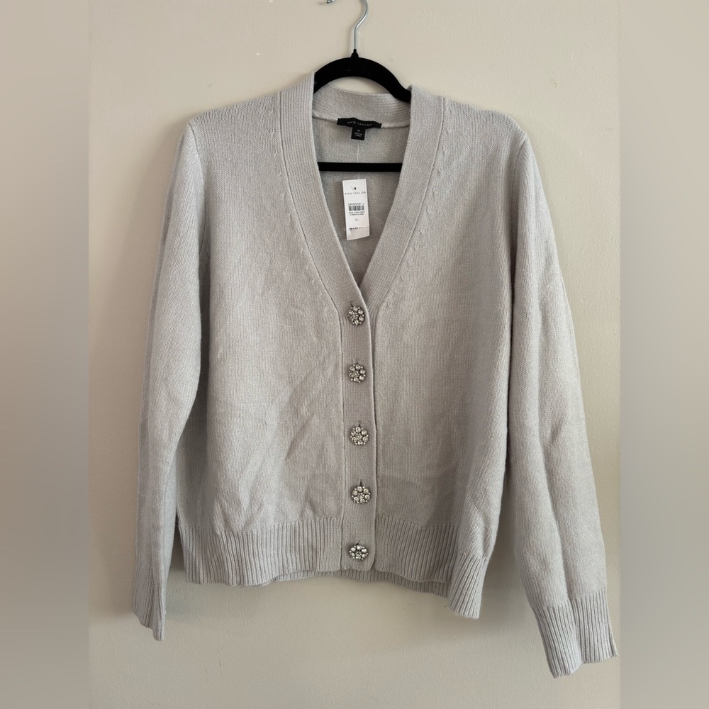 Ann Taylor Light Gray Cardigan with Embellished Buttons, Size XL, NWT